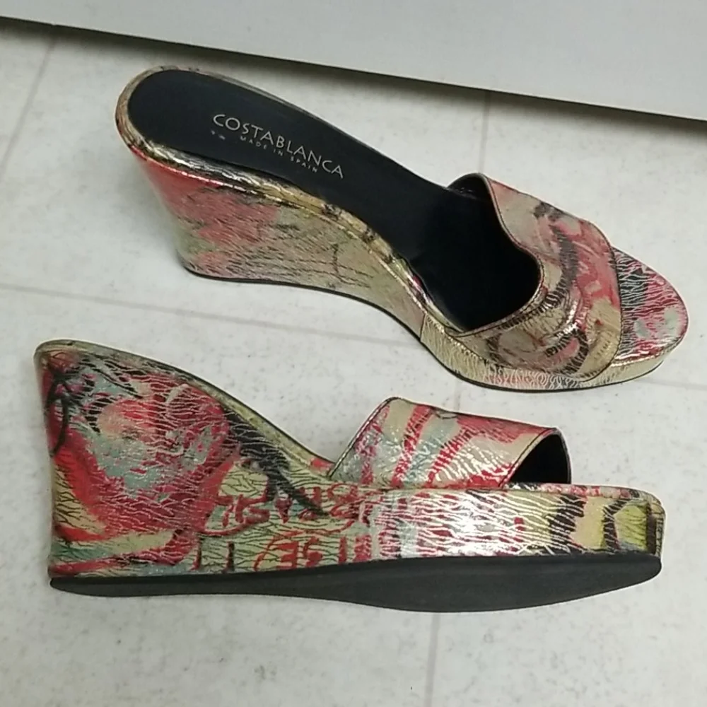 Graffiti wedge sandals unique heels artsy